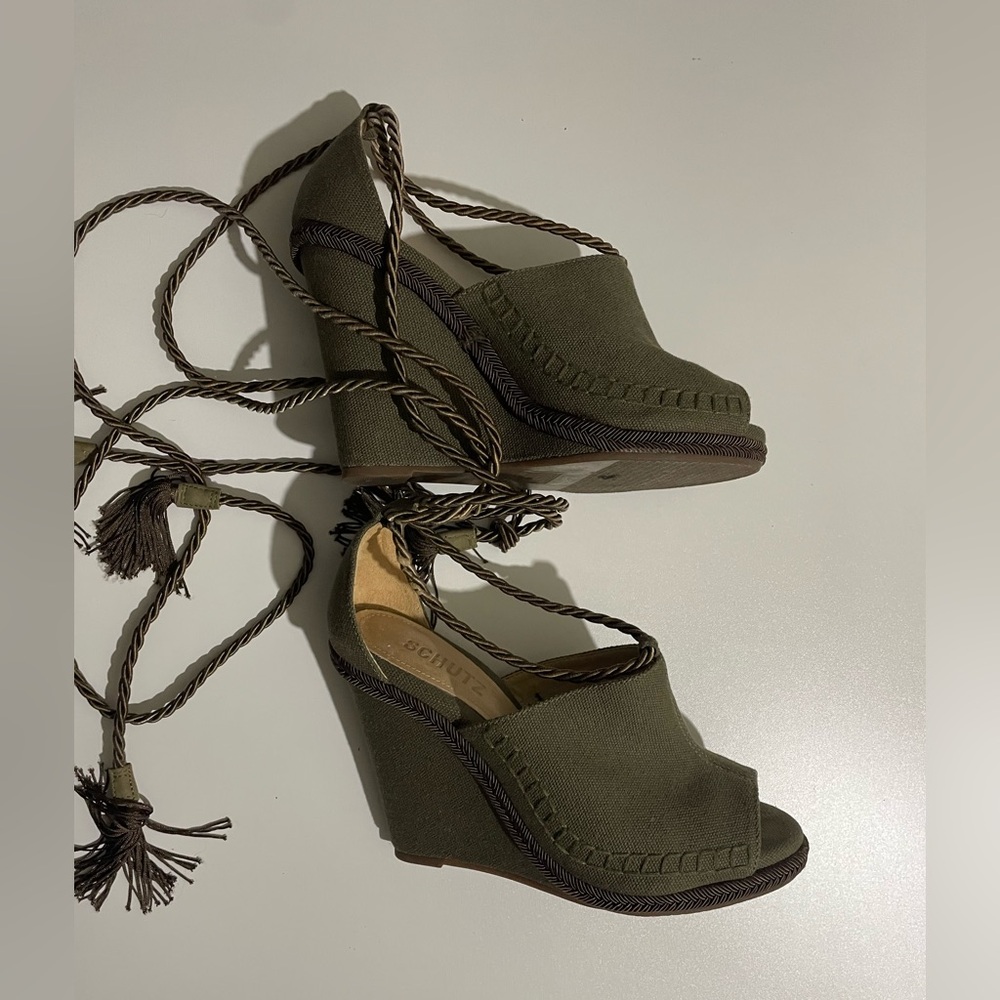Schutz canvas rope-tie wedge sandals olive green shoes - Picture 3 of 5